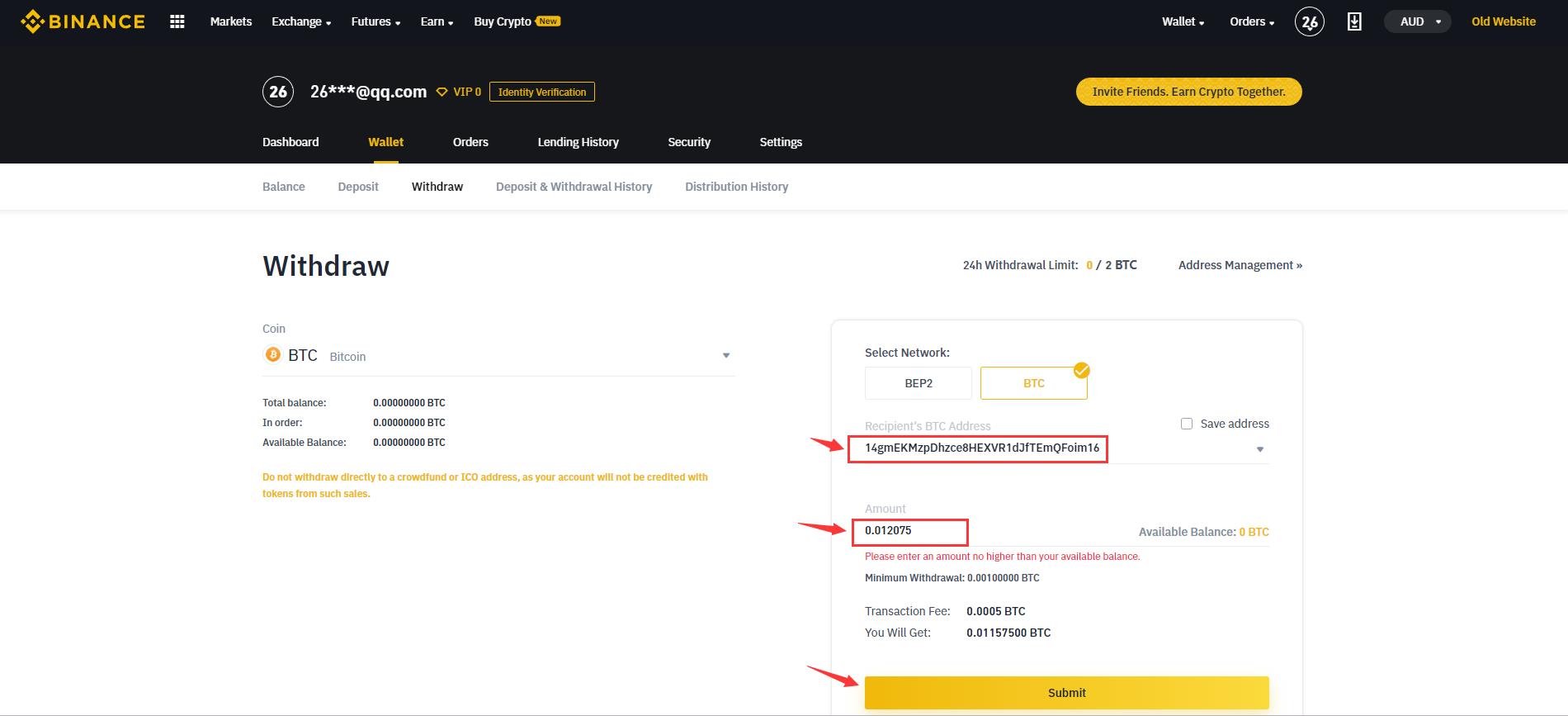 Withdraw BTC on Binance